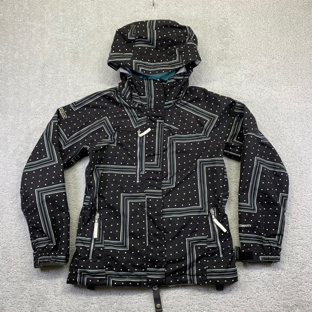 686 Smarty Snowboard Ski Jacket Womens‎ XS Black Geo Print Winter Coat Zip Up